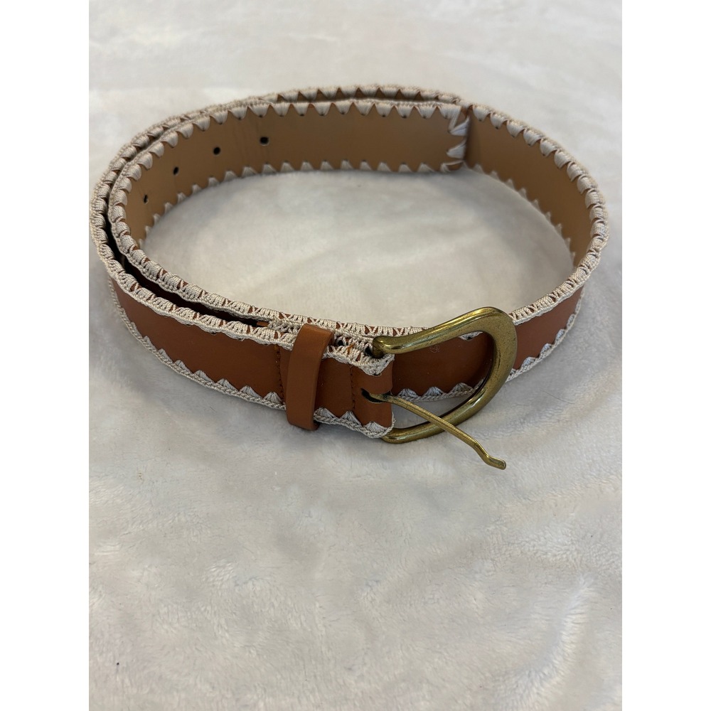 Brown Faux Leather Whipstitch Embroidered Belt Gold Buckle Boho Western 39in